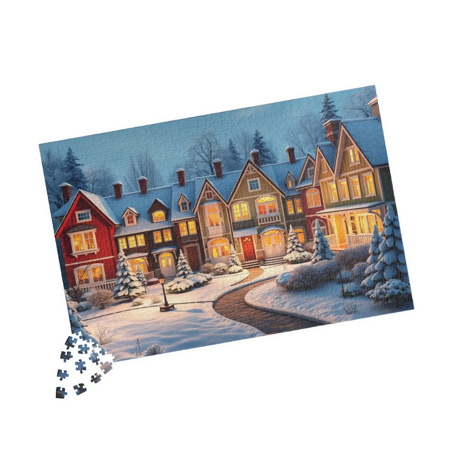 Cozy Winter Row Houses Jigsaw Puzzle Printify