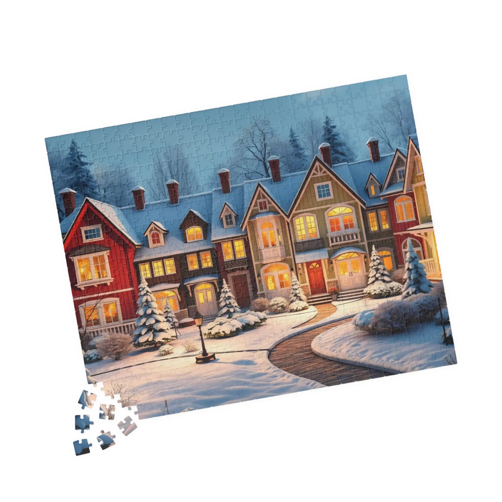 Cozy Winter Row Houses Jigsaw Puzzle Printify